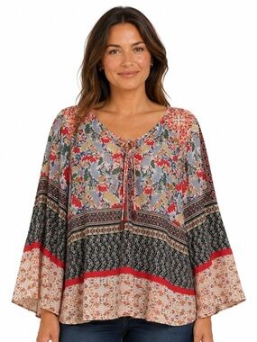 Floral Patchwork Tie-Front Peasant Blouse Top Sheer Open Flare Sleeve Sz L